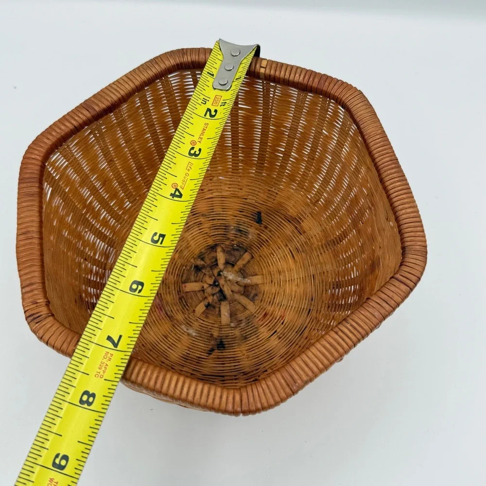 Vintage woven Wicker Basket Brown Boho Hexagonal Storage Decor Cottagecore